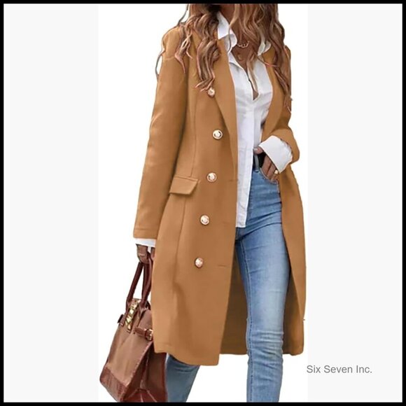 Jackets & Blazers - Long Wool Blend Pea Coat with Notch Collar and Knee Length